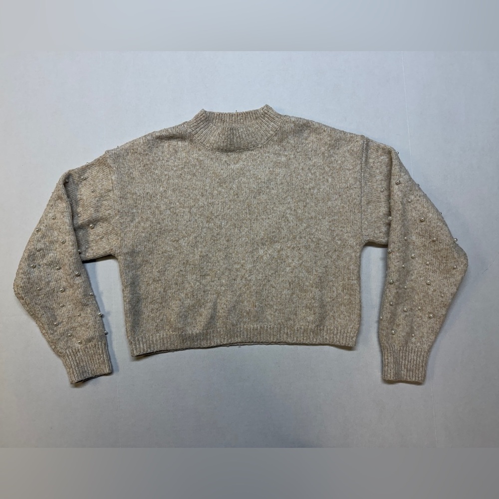 Cupcakes and Cashmere Beige Women’s Medium Crop Pearl Bead Sweater